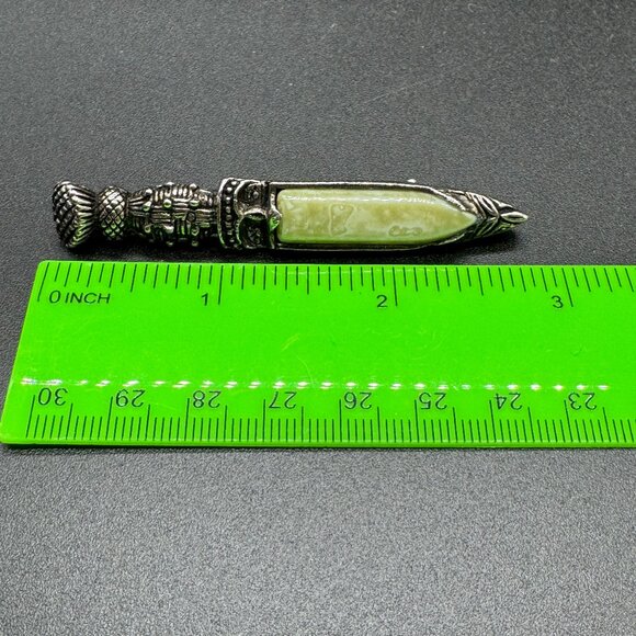 Metal Dagger Brooch Ecelctic Carvings with light green Stone - Picture 7 of 7